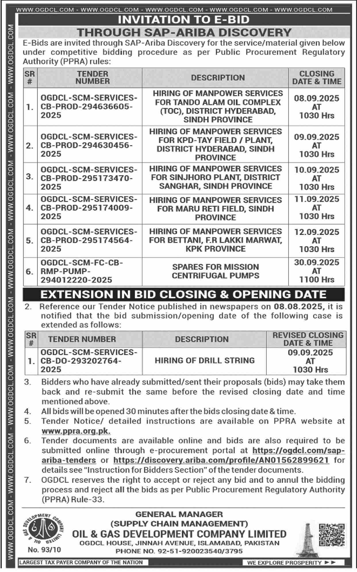 Oil & Gas Development Company Limited Islamabad Tender Notice